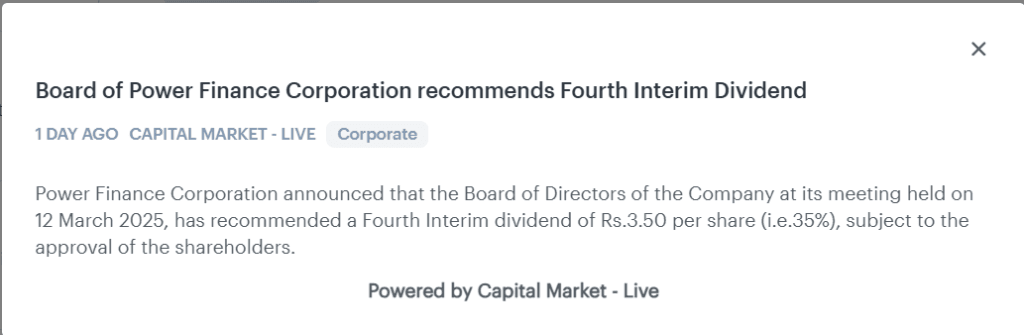 News report of Power Finance Corporation forth interim dividend announcement