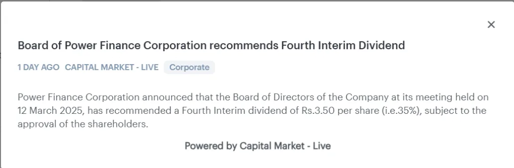 News report of Power Finance Corporation forth interim dividend announcement